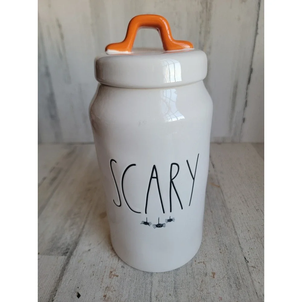 Rae Dunn tall scary Halloween ceramic canister jar spider‎ web home decor